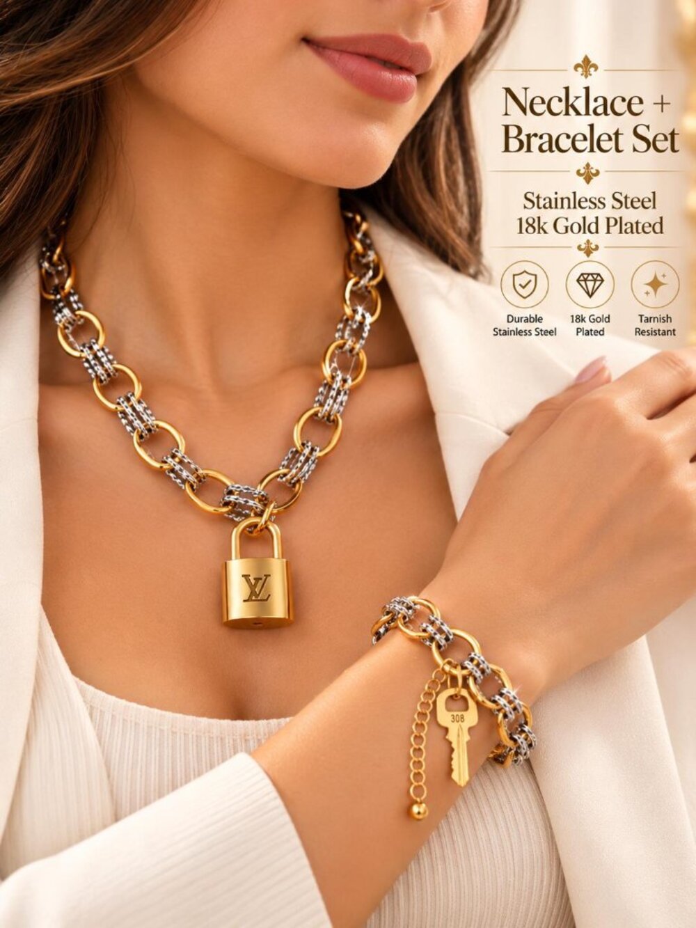 Stainless Steel 18k Gold Plated Necklace+ Bracelet w/Auth Louis Vuitton Padlock